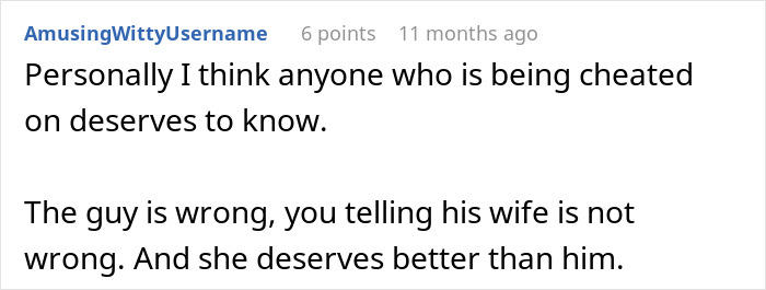Comment advising disclosure of an affair in a cheating scenario. Comment advising disclosure of an affair in a cheating scenario.
