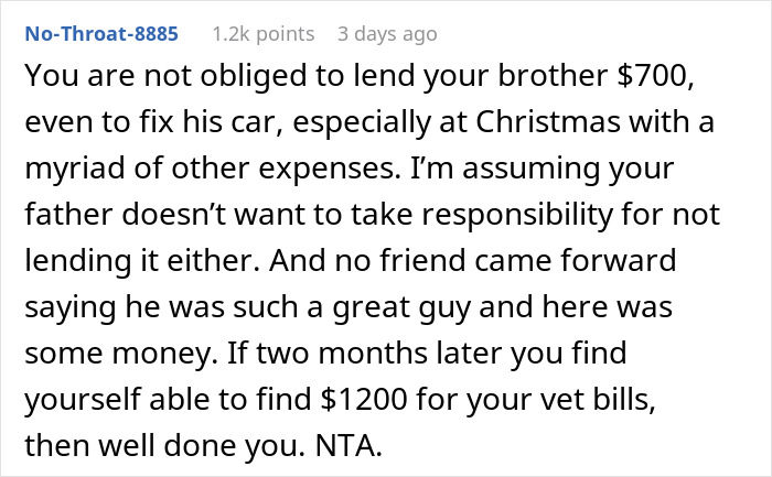 Text from a forum discusses refusing to lend brother $700, mentions spending $1,200 on dog vet bills, and acknowledges no obligation. Text from a forum discusses refusing to lend brother $700, mentions spending $1,200 on dog vet bills, and acknowledges no obligation.