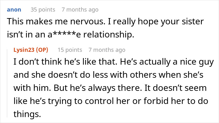 Two Reddit comments discussing concerns about a woman's lack of alone time due to her boyfriend. Two Reddit comments discussing concerns about a woman's lack of alone time due to her boyfriend.