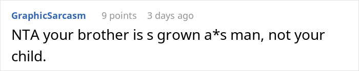 Reddit comment criticizing a woman's brother as a grown man, not her child, related to a dispute over lending money. Reddit comment criticizing a woman's brother as a grown man, not her child, related to a dispute over lending money.