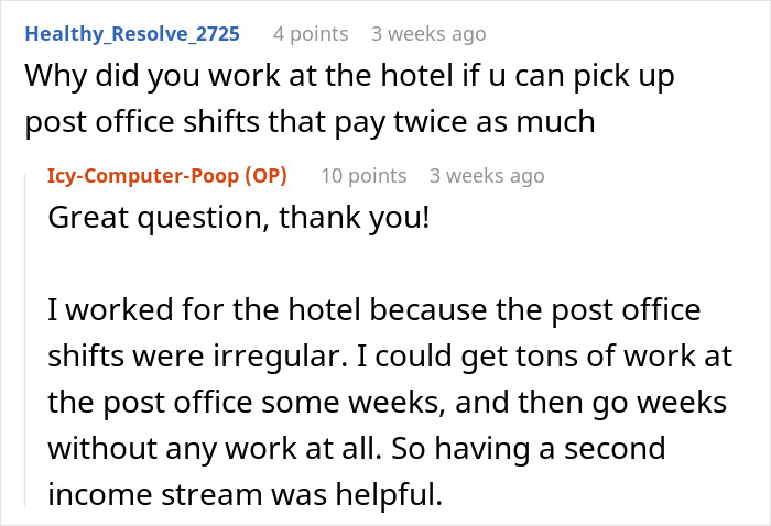 Reddit discussion about working dual jobs due to irregular post office shifts. Reddit discussion about working dual jobs due to irregular post office shifts.