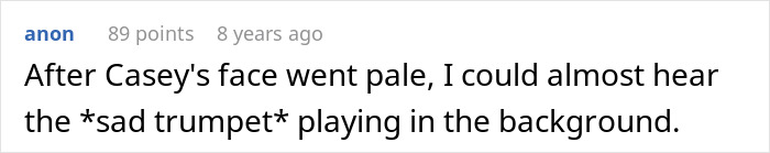 Text comment about Casey's reaction, mentioning "sad trumpet" in context of an infertility revelation. Text comment about Casey's reaction, mentioning "sad trumpet" in context of an infertility revelation.