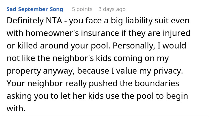 Text comment discussing pool liability and neighbor's boundary issues. Text comment discussing pool liability and neighbor's boundary issues.