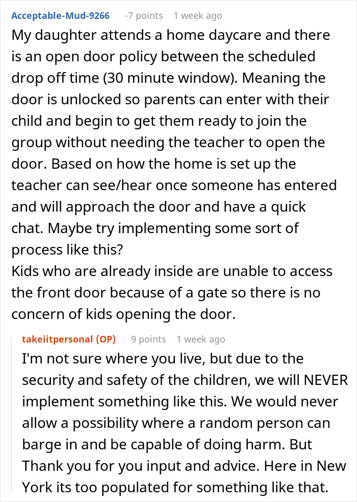 Discussion about childcare drop-off policies for pregnant wife. Discussion about childcare drop-off policies for pregnant wife.