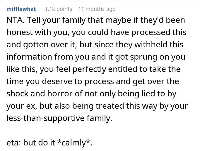 Reddit comment giving advice on family honesty and processing emotional situations calmly. Reddit comment giving advice on family honesty and processing emotional situations calmly.