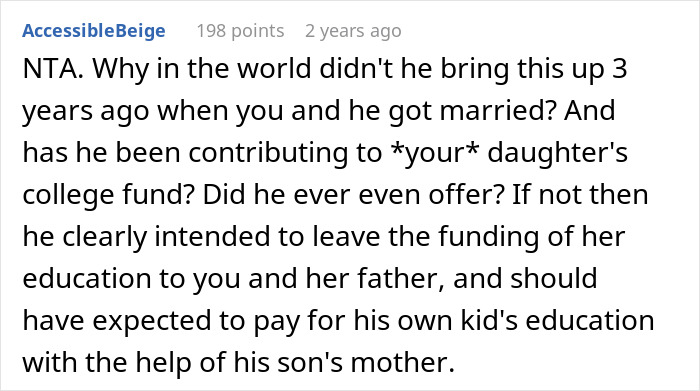 Comment discussing refusal to split daughter's college fund due to lack of love for stepson. Comment discussing refusal to split daughter's college fund due to lack of love for stepson.