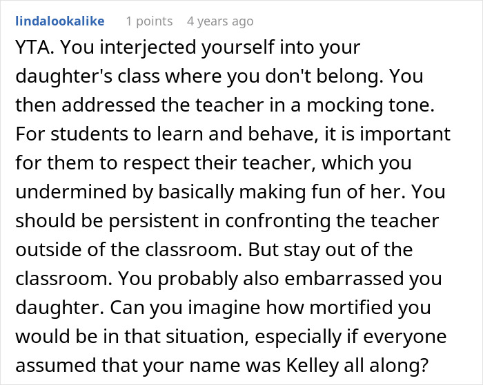 Comment criticizing a dad's approach to daughter's name pronunciation issue with teacher. Comment criticizing a dad's approach to daughter's name pronunciation issue with teacher.