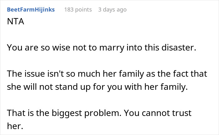 Text comment on a forum supporting a man for canceling his wedding due to in-laws' behavior. Text comment on a forum supporting a man for canceling his wedding due to in-laws' behavior.