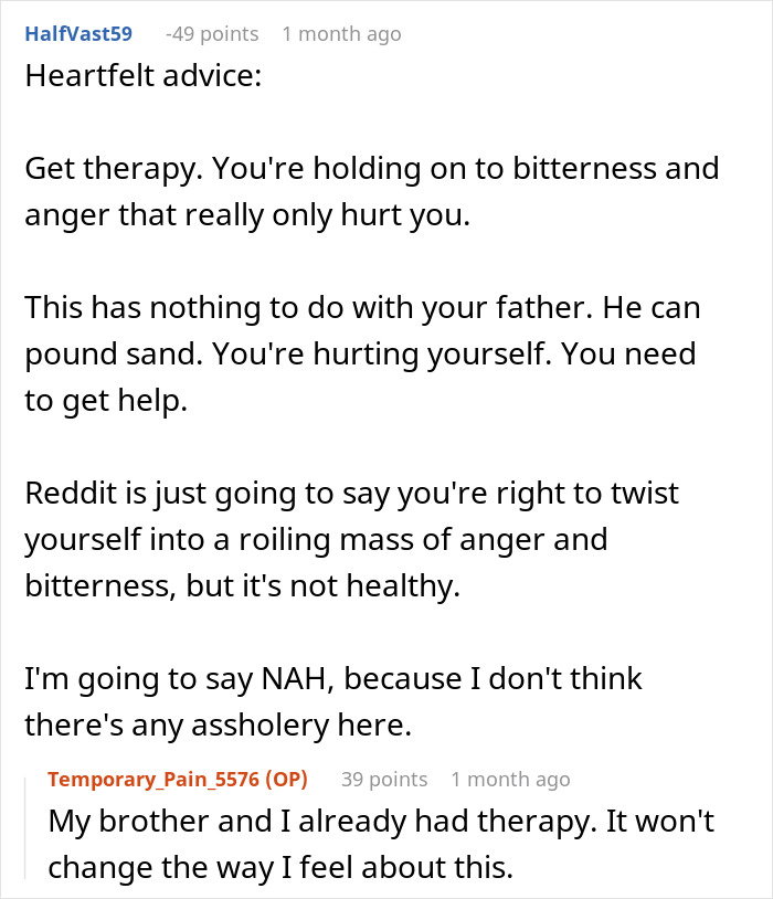 Reddit comment advising therapy over dad's actions after mom’s passing anniversary. Reddit comment advising therapy over dad's actions after mom’s passing anniversary.