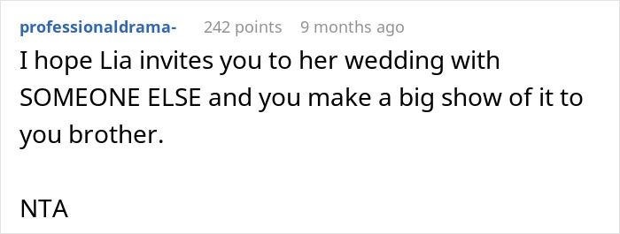 Comment on a wedding invite expressing frustration over a brother's unexpected guest choice. Comment on a wedding invite expressing frustration over a brother's unexpected guest choice.