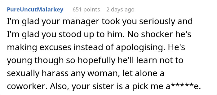 Reddit comment about a teen creeping out a coworker by using her photo in an online trend, discussing workplace harassment. Reddit comment about a teen creeping out a coworker by using her photo in an online trend, discussing workplace harassment.