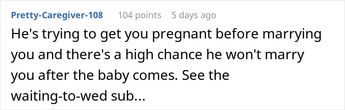 Text comment discussing relationship concerns about premarital pregnancy intentions. Text comment discussing relationship concerns about premarital pregnancy intentions.