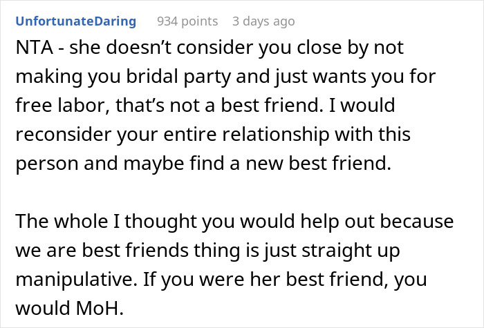 Text exchange discussing refusal to help with wedding due to not being made a bridesmaid. Text exchange discussing refusal to help with wedding due to not being made a bridesmaid.