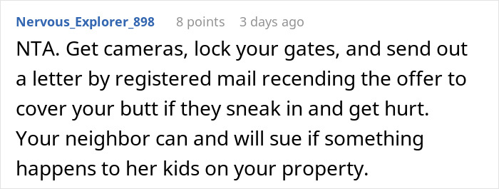 Online comment giving advice on handling uninvited neighbor kids at a house with a pool. Online comment giving advice on handling uninvited neighbor kids at a house with a pool.