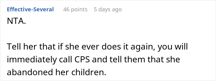 Text comment about woman dropping off kids without permission, suggesting contacting CPS if repeated. Text comment about woman dropping off kids without permission, suggesting contacting CPS if repeated.