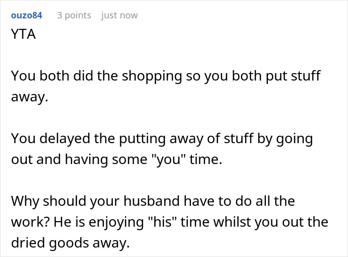 Text discussing weaponized incompetence in household chores and shared responsibilities after shopping. Text discussing weaponized incompetence in household chores and shared responsibilities after shopping.