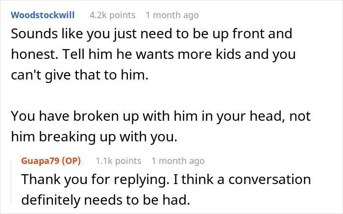 Text exchange about relationship advice and desire for kids. Comments emphasize honesty and the need for a conversation. Text exchange about relationship advice and desire for kids. Comments emphasize honesty and the need for a conversation.