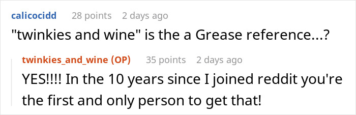 Reddit conversation about a "Grease" reference involving Twinkies and wine. Reddit conversation about a "Grease" reference involving Twinkies and wine.