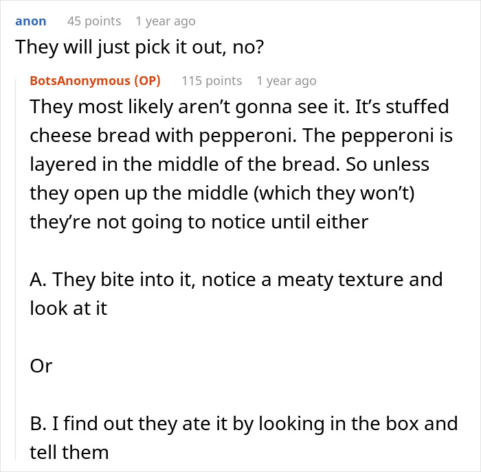 Text exchange about stuffed cheese bread with meat to deter vegetarian roommates from eating it. Text exchange about stuffed cheese bread with meat to deter vegetarian roommates from eating it.