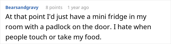 Text discussing keeping food safe from roommates, suggesting a mini fridge with a padlock. Text discussing keeping food safe from roommates, suggesting a mini fridge with a padlock.