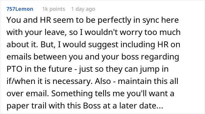 Text discussing HR involvement in European employee's PTO request with American boss. Text discussing HR involvement in European employee's PTO request with American boss.