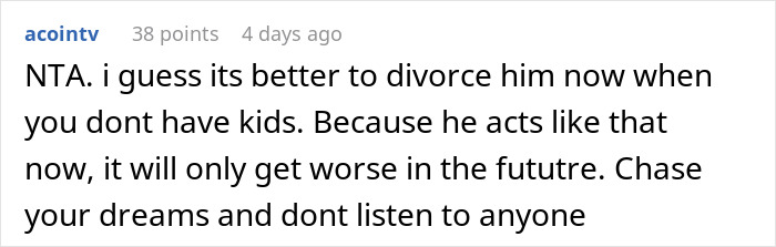 Reddit comment discussing a promotion and relationship advice about pursuing dreams. Reddit comment discussing a promotion and relationship advice about pursuing dreams.