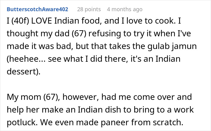 Text discussing love for Indian food and cooking, mentions gulab jamun and paneer. Text discussing love for Indian food and cooking, mentions gulab jamun and paneer.