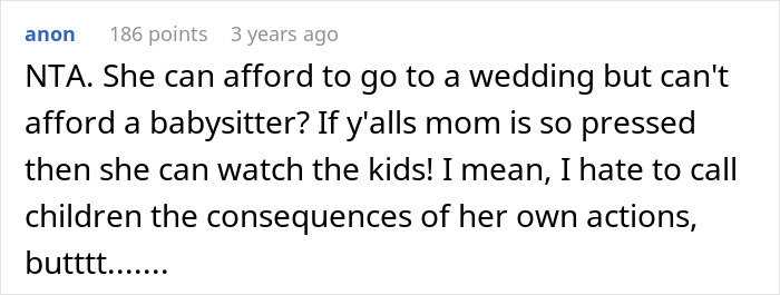 Comment about babysitting responsibilities and affordability of hiring help. Comment about babysitting responsibilities and affordability of hiring help.
