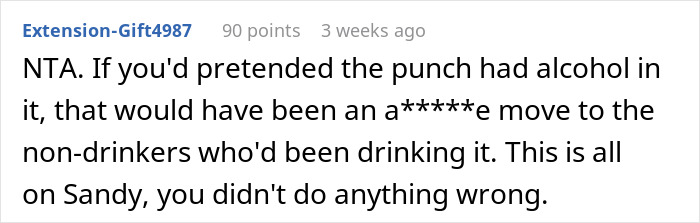 Commentary on work party punch, addressing a conflict, mentioning non-drinkers and a character named Sandy. Commentary on work party punch, addressing a conflict, mentioning non-drinkers and a character named Sandy.
