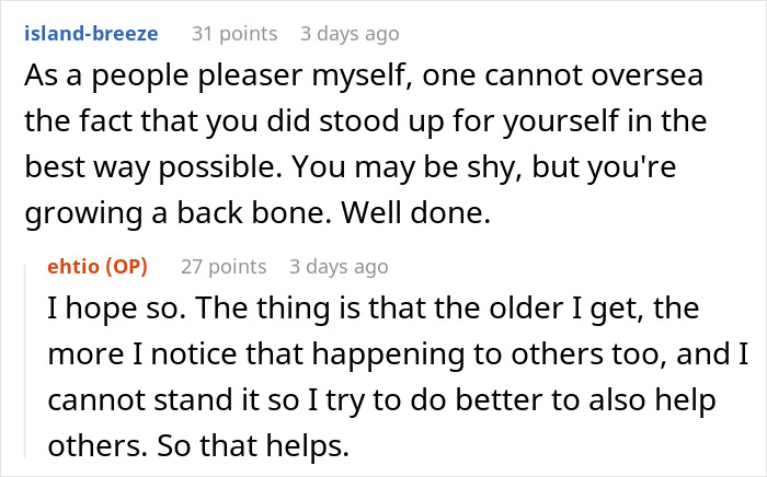 Comment exchange about standing up for oneself at work, highlighting growth and helping others. Comment exchange about standing up for oneself at work, highlighting growth and helping others.