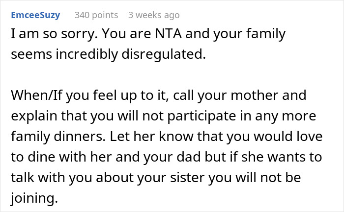 Comment supports woman ditching family dinner after criticism over dessert choice. Comment supports woman ditching family dinner after criticism over dessert choice.