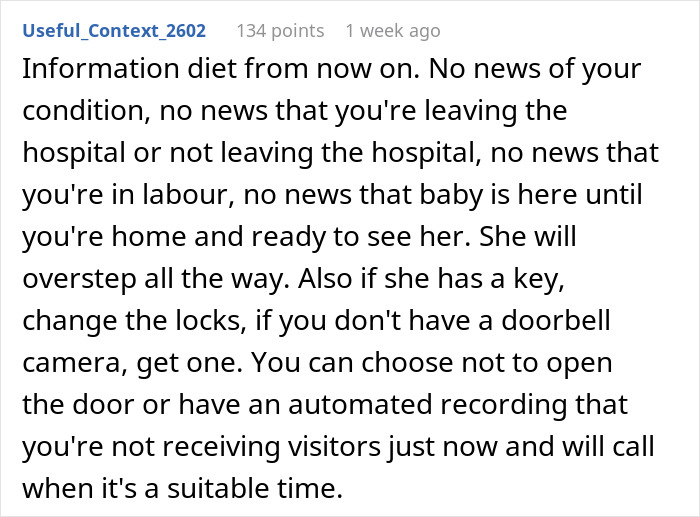 Reddit comment advising a pregnant woman to limit information shared, change locks, and use a doorbell camera after a fall. Reddit comment advising a pregnant woman to limit information shared, change locks, and use a doorbell camera after a fall.