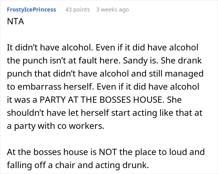 Text discusses work party dynamics and punch, mentioning a coworker’s behavior at a boss's house event. Text discusses work party dynamics and punch, mentioning a coworker’s behavior at a boss's house event.