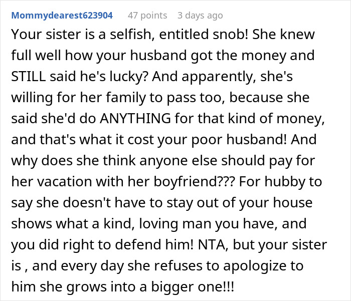 Reddit comment criticizing a sister for calling her brother-in-law lucky to be rich. Reddit comment criticizing a sister for calling her brother-in-law lucky to be rich.