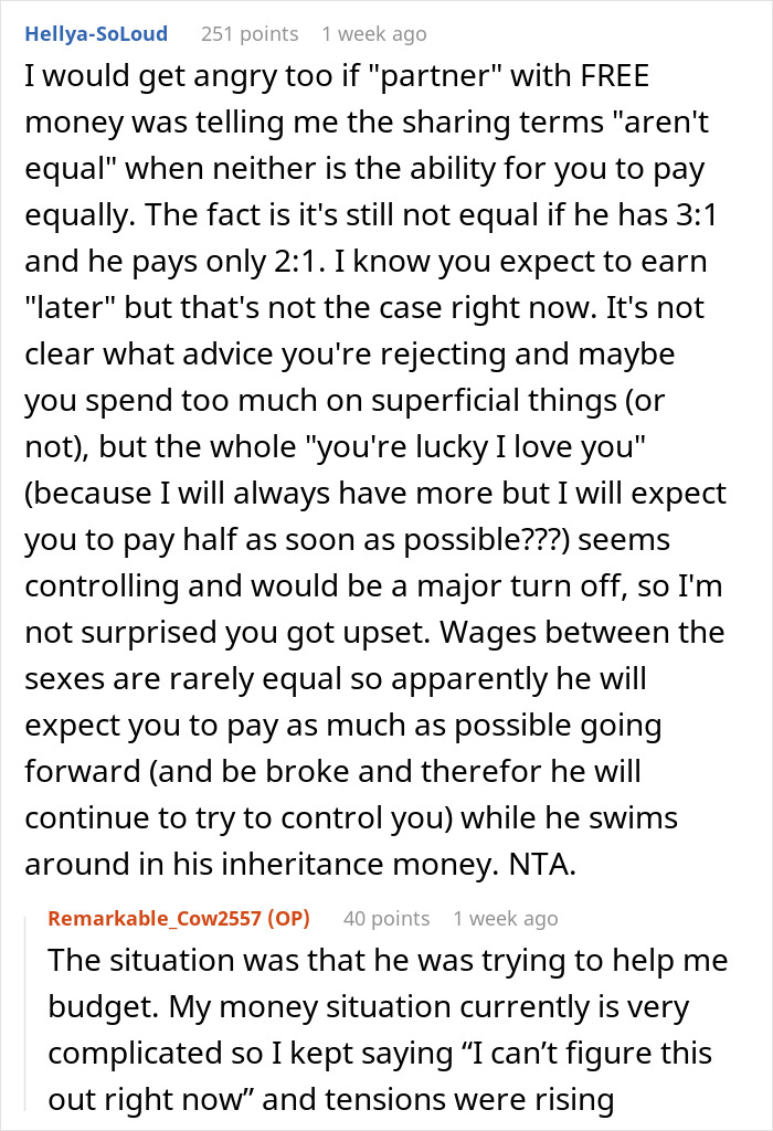 Text exchange about inheritance and financial inequality in a relationship. Text exchange about inheritance and financial inequality in a relationship.