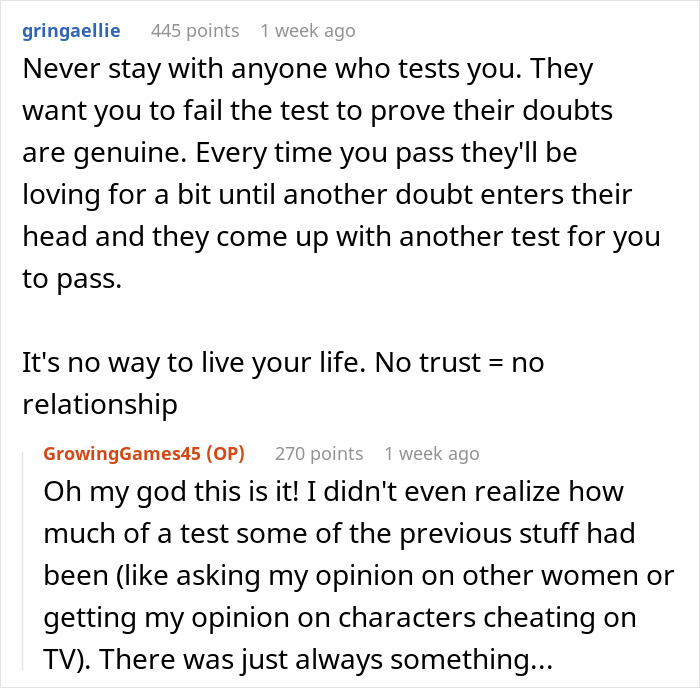 Reddit comments discussing testing loyalty with a fake Instagram account. Reddit comments discussing testing loyalty with a fake Instagram account.