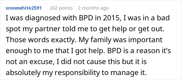 Comment about mental illness responsibility on Reddit, discussing BPD diagnosis and family impact. Comment about mental illness responsibility on Reddit, discussing BPD diagnosis and family impact.