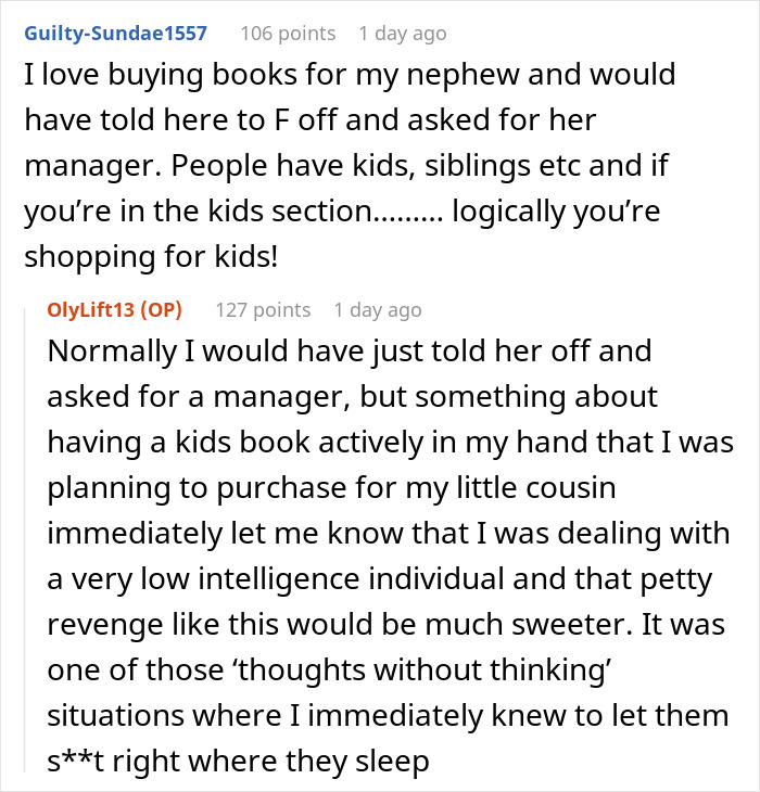 Text exchange about being kicked out of children's section for age, despite buying books for kids. Text exchange about being kicked out of children's section for age, despite buying books for kids.