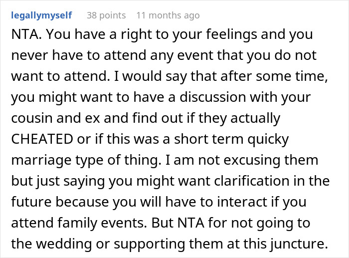 Text comment about marrying ex-girlfriend's cousin discusses relationship feelings and family event decisions. Text comment about marrying ex-girlfriend's cousin discusses relationship feelings and family event decisions.