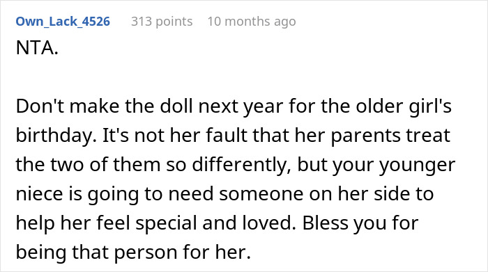 Reddit comment praising an aunt for customizing a doll, addressing unequal treatment between siblings. Reddit comment praising an aunt for customizing a doll, addressing unequal treatment between siblings.