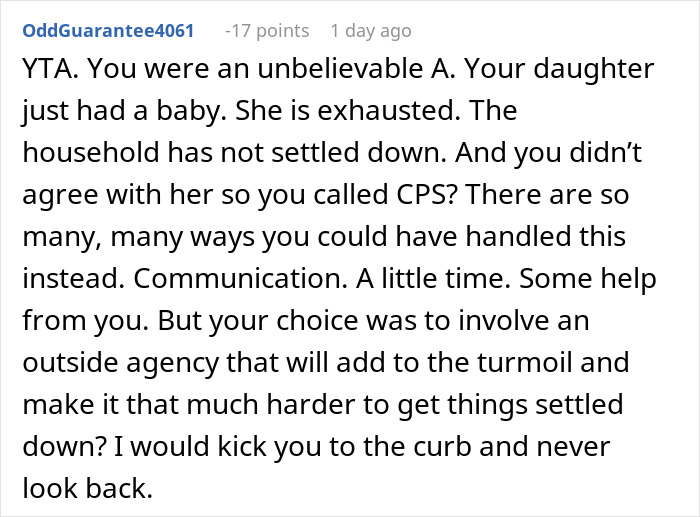 Comment criticizes a mom for calling CPS on her daughter due to newborn care disagreements. Comment criticizes a mom for calling CPS on her daughter due to newborn care disagreements.