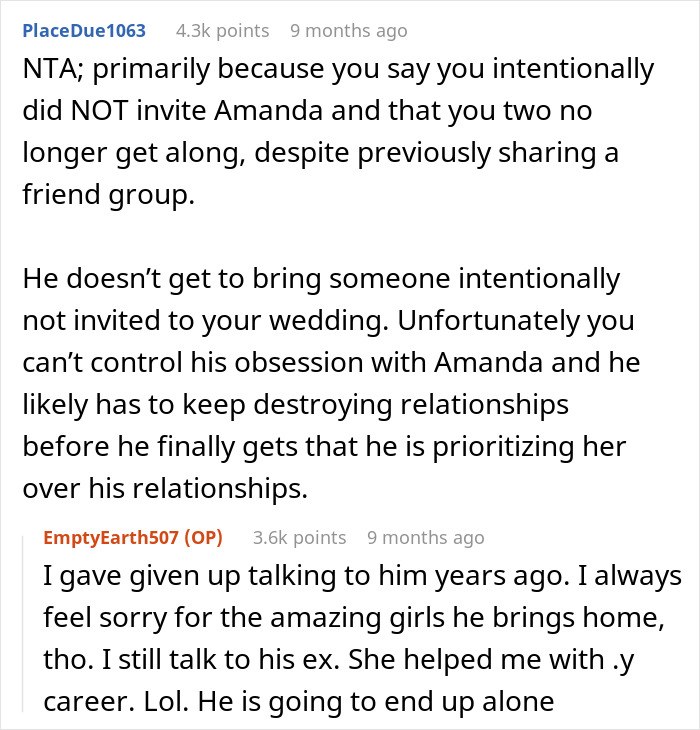 Text exchange debating brother’s choice of +1 for wedding, highlighting a bride's concern over his female BFF over his GF. Text exchange debating brother’s choice of +1 for wedding, highlighting a bride's concern over his female BFF over his GF.