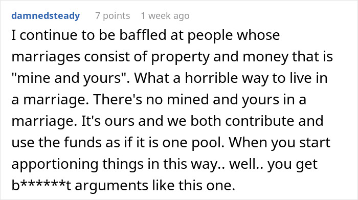 Reddit comment questioning shared finances in marriage, discussing car bills and joint contributions. Reddit comment questioning shared finances in marriage, discussing car bills and joint contributions.