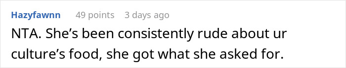 Text comment criticizing coworker's rude remarks about cooking. Text comment criticizing coworker's rude remarks about cooking.