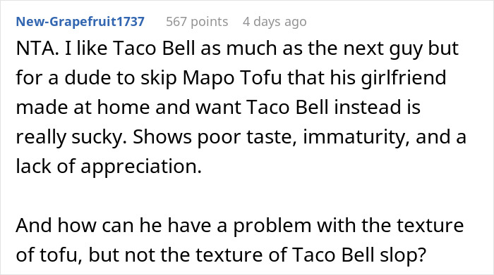 Image of a Reddit comment discussing a boyfriend's confrontation over choosing fast food over homemade cooking. Image of a Reddit comment discussing a boyfriend's confrontation over choosing fast food over homemade cooking.