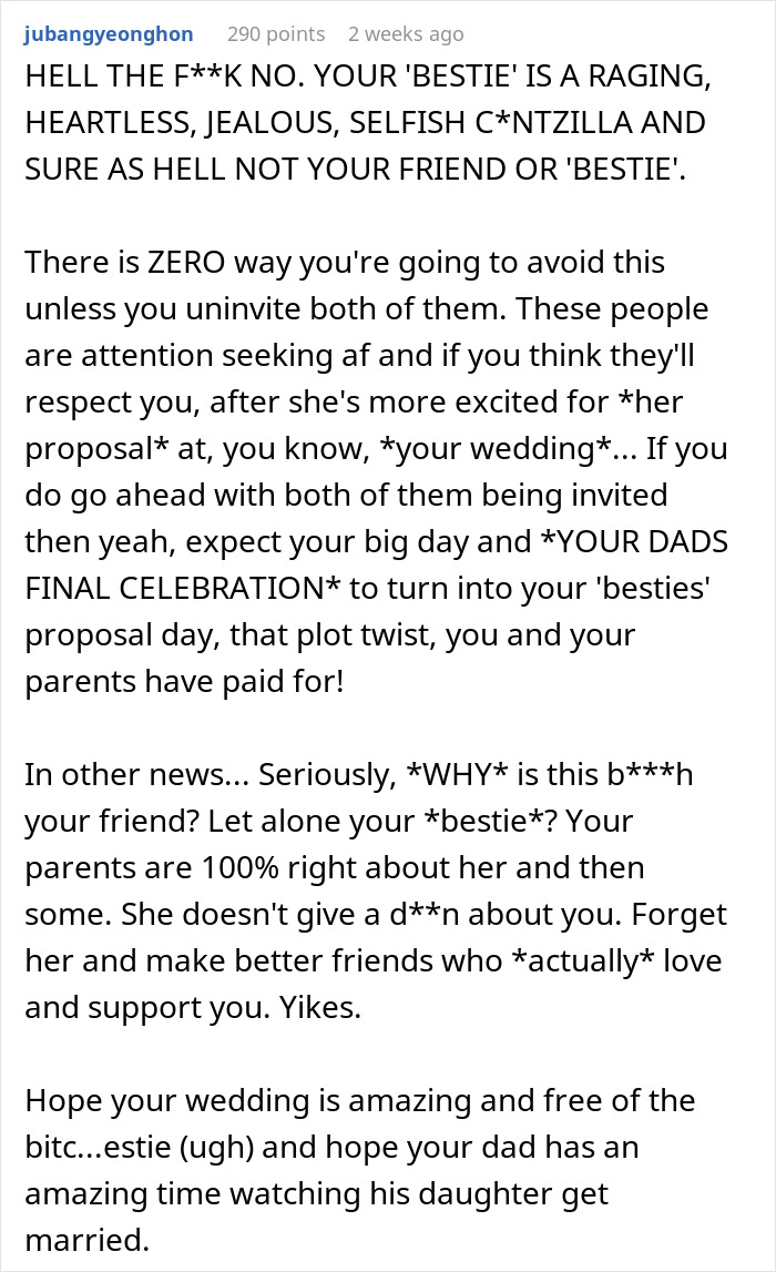 Text reaction criticizing a best friend's plan to get engaged at a wedding, calling her selfish and attention-seeking. Text reaction criticizing a best friend's plan to get engaged at a wedding, calling her selfish and attention-seeking.