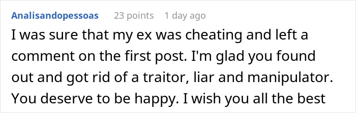 Comment about cheating, expressing relief after finding out about a partner's betrayal. Comment about cheating, expressing relief after finding out about a partner's betrayal.