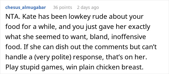 Text discussing coworker's rude comments on cooking, mentioning bland food response. Text discussing coworker's rude comments on cooking, mentioning bland food response.