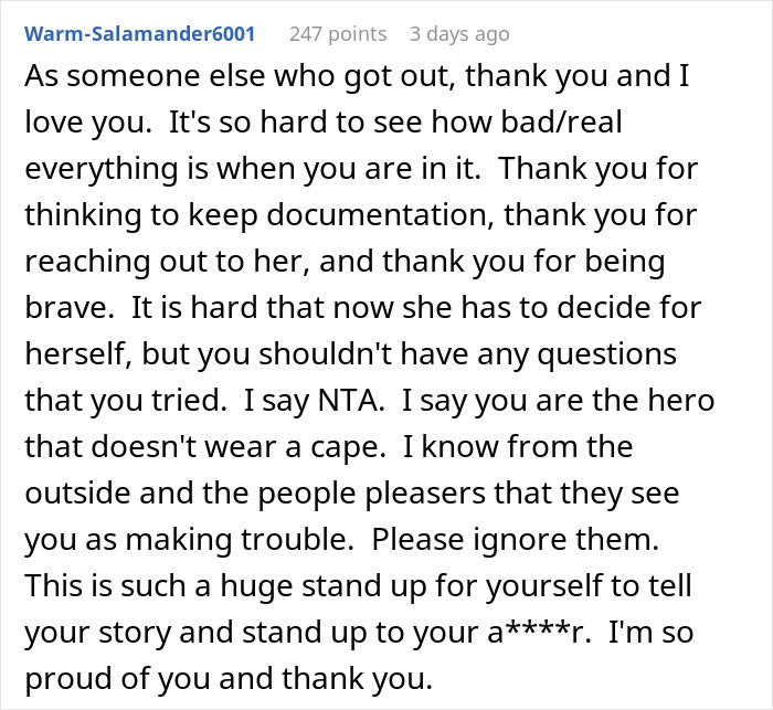 Reddit comment supporting woman who warned ex's wife about his criminal past. Reddit comment supporting woman who warned ex's wife about his criminal past.