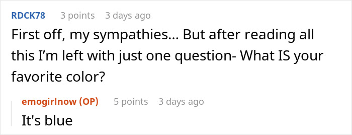 Reddit conversation about favorite color amid humorous comments regarding dating and neighbors. Reddit conversation about favorite color amid humorous comments regarding dating and neighbors.